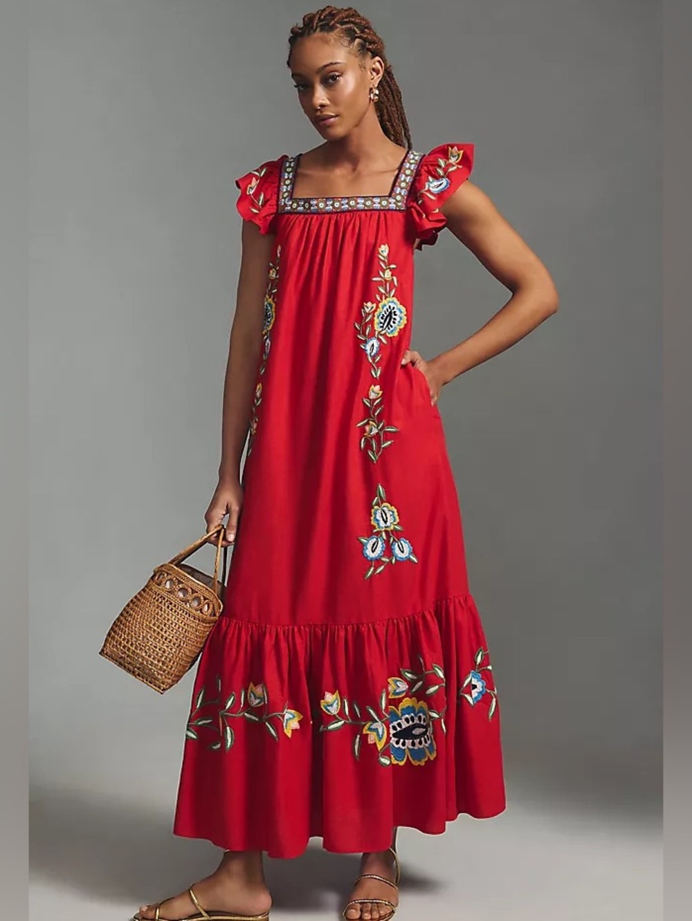 Farm Rio Embroidered Square-Neck Dress